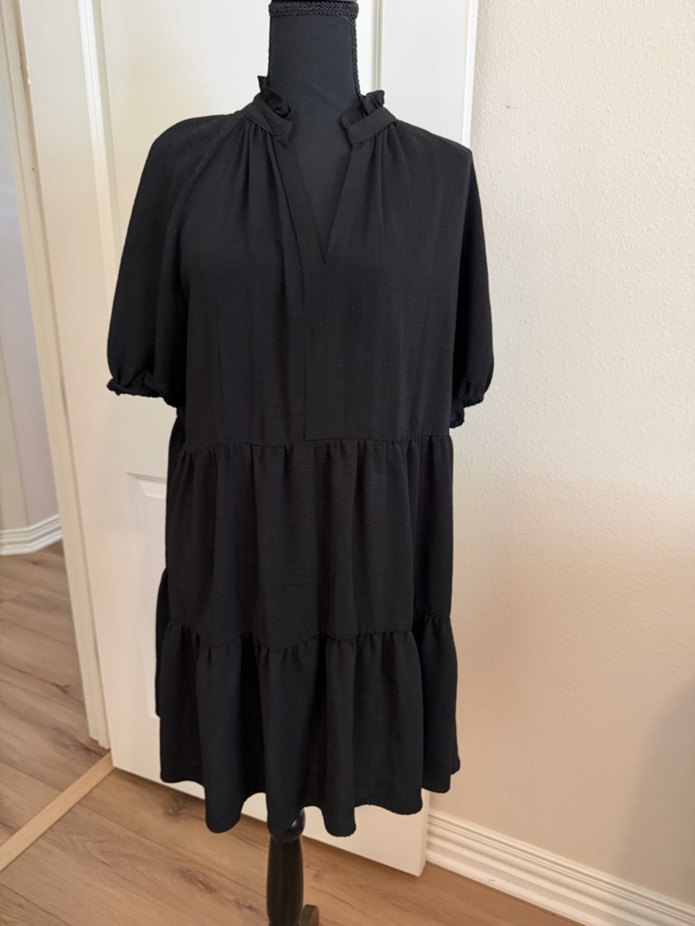 CeCe Black Tiered Ruffle-Neck Mini Dress